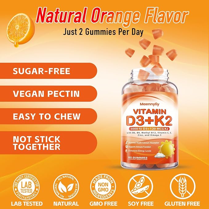Vitamin D3 K2 Gummies for Adults - Vitamin D3 5000IU + K2 (MK-7) 120mcg - Sugar-Free D3 and K2 Supplements with Omega-3 Methyl B12 B9 B6 Vitamins E &amp Zinc - for Calcium Absorption &amp Immune
