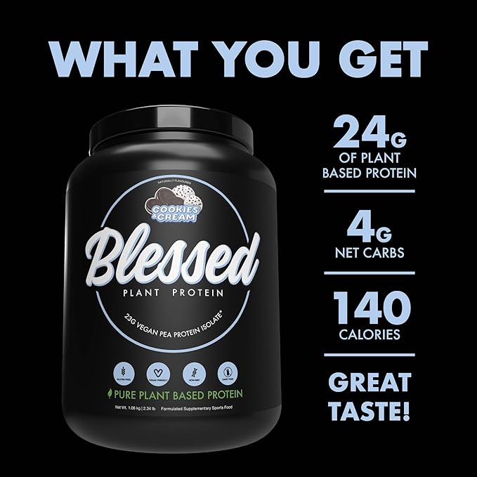 BLESSED Vegan Protein Powder - Plant Based Protein Powder Meal Replacement Protein Shake 23g of Pea Protein Powder Dairy Free Gluten Free Soy Free No Sugar Added 30 Servings (Cookies &amp Cream