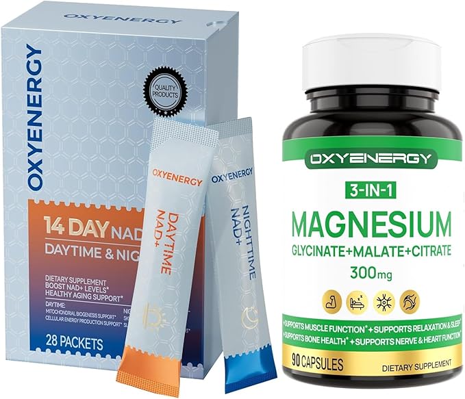 OxyEnergy NAD Supplement Anti-Aging &amp Cellular Renewal 28 Packets &amp Triple Magnesium Complex Magnesium Glycinate 300mg 90 Capsules