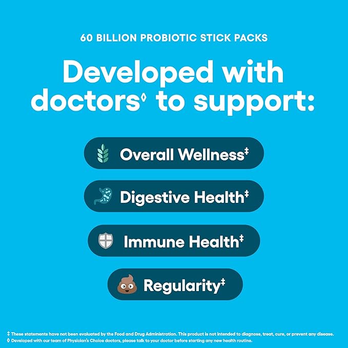 Physician’s Choice 60 Billion CFU Probiotic Stick Packs - 10 Strains + Prebiotics - Immune Digestive &amp Gut Health - Supports Occasional Constipation Diarrhea Gas &amp Bloating - for Women &amp