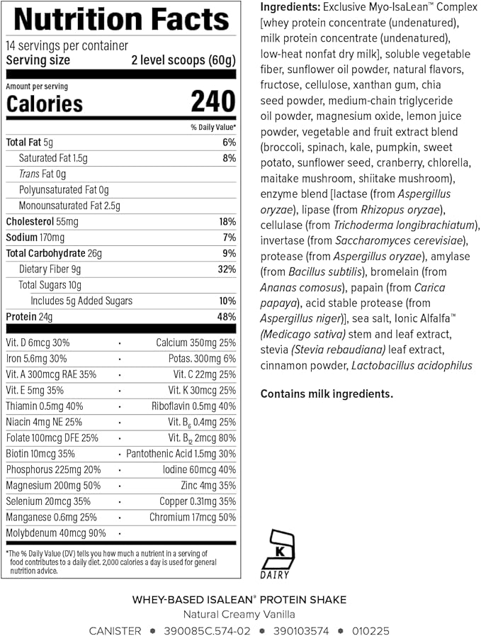 IsaLean Protein Shake Complete Superfood Meal Replacement for Maintaining Healthy Weight and Lean Muscle Growth with 24 Vitamins and Minerals-29.6 oz - 14 Meal Canister Natural Creamy Vanilla