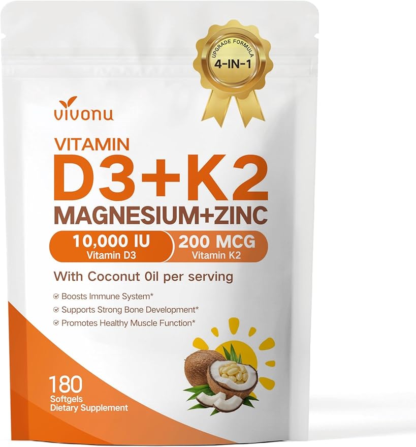 VivoNu Vitamin D3 K2 10000 IU Magnesium Supplement – 4-in-1 with Vitamin D and K (MK-7) Magnesium Glycinate &amp Zinc Citrate – 180 Softgels for Energy Bone* &amp Muscle* Support*