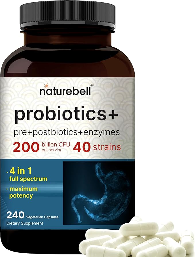 NatureBell Probiotic 200 Billion CFU – 40 Strains Per Serving | 240 Veggie Capsules with Prebiotics and Probiotics – Full Spectrum Complex with Enzymes – Daily Probiotics for Women &amp Men