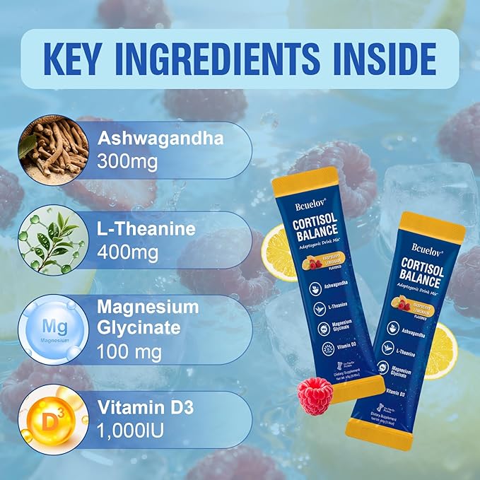 Cortisol Drink Mix Cortisol Supplements for Women Men with Magnesium Glycinate Ashwagandha L-Theanine Vitamin D 3 for Sleep &amp Relaxation On The Go 30 Ct (Raspberry Lemonade Flavor)