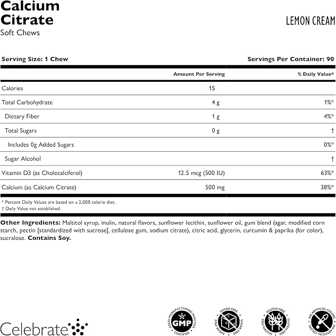 Celebrate Vitamins Bariatric 500mg Calcium Citrate Soft Chews with 500 IU Vitamin D3 – Essential for Gastric Bypass Patients &amp Bone Health - Sugar &amp Gluten Free Lemon (90 Chews)