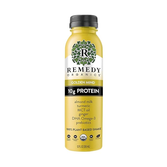 Remedy Organics Golden Mind 12-Pack | Plant Based Protein Shakes Ready to Drink | USDA Organic Gluten Free Dairy Free Soy Free