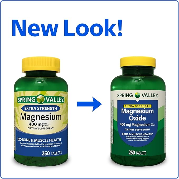 Spring Valley Magnesium 400 mg Bone &amp Muscle Health Tablets Dietary Supplement 250 Count Best Magnesium Supplement for Women Pastillas de Magnesio para Mujer - Set by Basket Goods