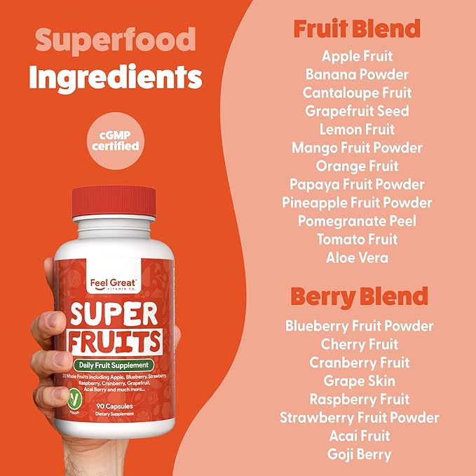 Feel Great Fruit and Vegetable Supplements | 20+ Super Reds &amp Greens for Natural Energy Support | Vegan Fruit and Veggie Vitamins | 2 Pack of 90 Count Each