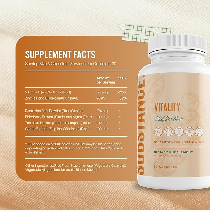 SUBSTANCE. Nature’s Vitality Daily D3 Boost Supplement - Vitamin D3 Zinc Elderberry Turmeric &amp Ginger - Immune Support &amp Bone Health - 90 Capsules