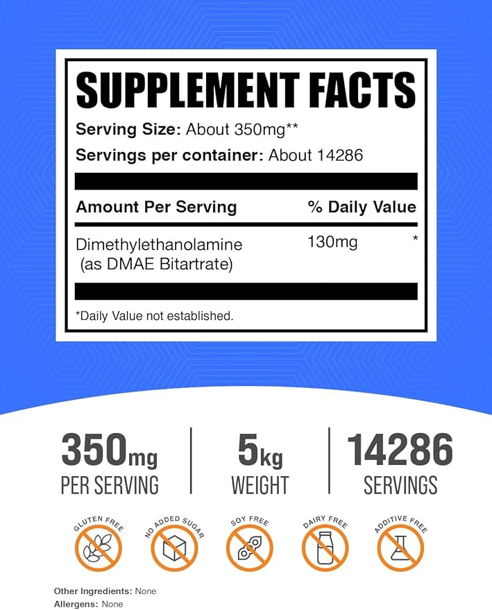 BulkSupplements.com DMAE Bitartrate Powder - Dimethylaminoethanol Bitartrate DMAE Supplement - Unflavored &amp Gluten Free 350mg per Serving 1kg (2.2 lbs) (Pack of 5)