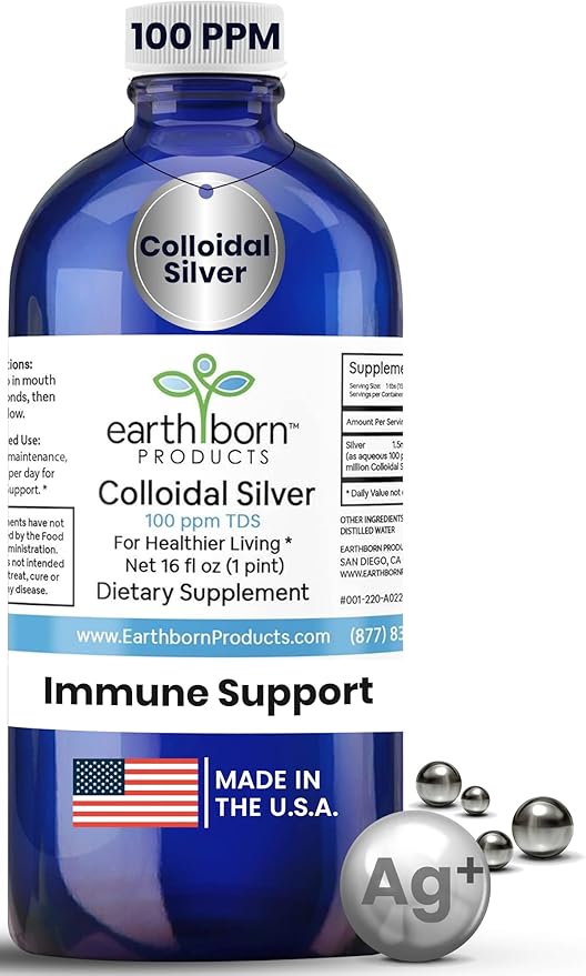 Earthborn Colloidal Silver Liquid (16oz) - 100PPM Pure Monatomic Silver Water - 99.9% Natural Nano Silver Liquid Supplement for Immune Support* Non-GMO Glass Bottle | Made in USA