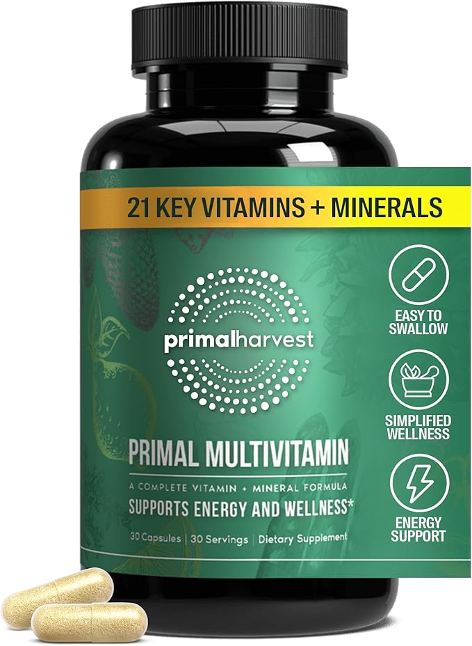 Primal Harvest Primal Multivitamin - Daily Multi-Vitamin Supplement with 21 Essential Vitamins &amp Minerals for Women &amp Men - Vitamin A C D E B12 B6 Biotin Folic Acid Zinc Copper &amp