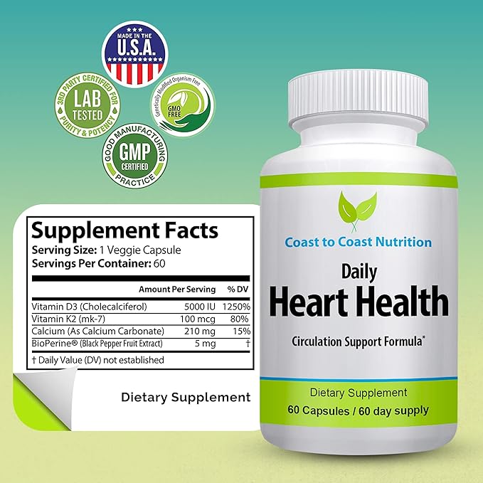 Vitamin D3 K2 Supplement - Supports Bone Immune Circulatory - 100 mcg Vitamin K2125 mcg Vitamin D3 210 mg Calcium K2 D3 Vitamin Supplement Circulation Blood Flow Artery - 60 Caps Made in USA