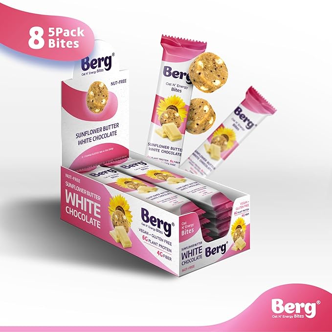 Berg Energy Bites Sunflower Butter &amp White Chocolate – Plant‑Based Protein Snack with 16 g Protein &amp 1 g Sugar – Vegan Gluten‑Free Low Sugar High Fiber Non‑GMO Prebiotic Bites – 1.5 oz (8