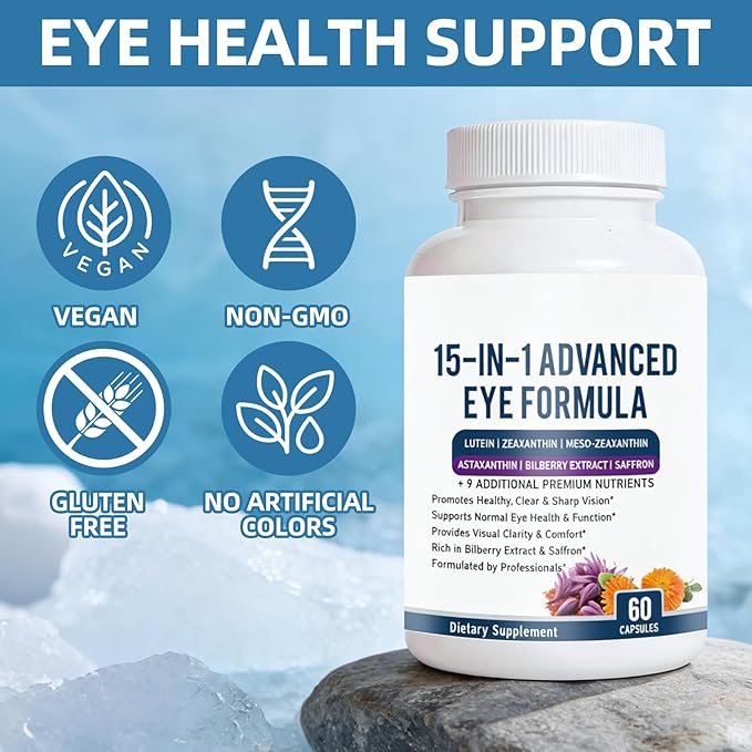 15 in 1 Advanced Eye Formula - Eye Vitamin and Mineral Supplement with Lutein Zeaxanthin Zinc &amp Bilberry Extract - Vision &amp Focus Support 60 Capsules