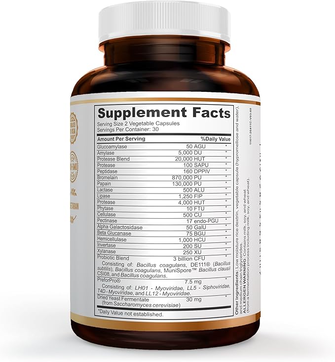 GUT GOLD 5-in-1 Digestive Enzymes Probiotics PreForPro™ Prebiotics Postbiotics Yeast Fermentate &amp Immune Support - For Women's &amp Men's Gut Health - Non-GMO Vegetarian caps. Made in the U