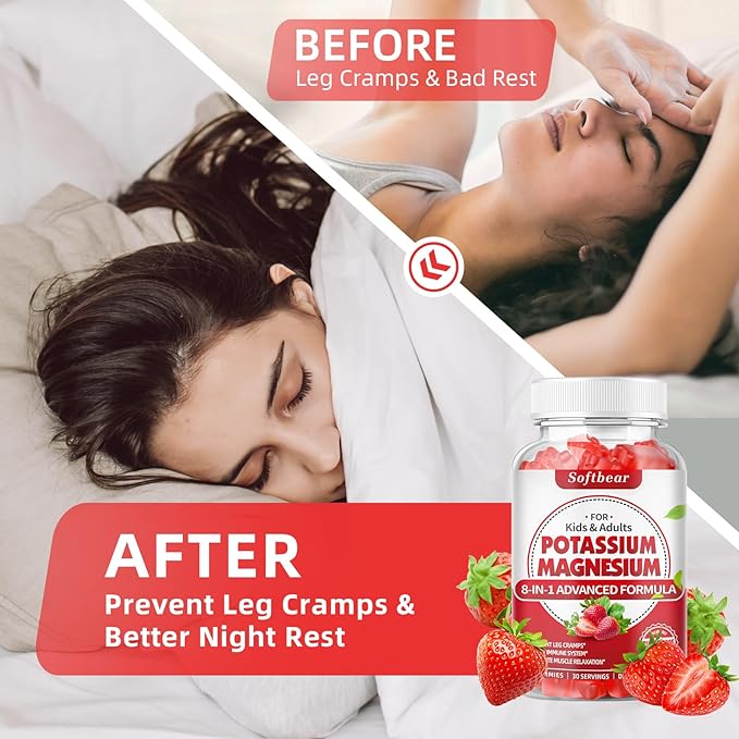 softbear Potassium Gummies for Adults High Absorption Magnesium Potassium Supplement with Vitamin B6 for Leg Cramps &amp Muscle Health Sugar-Free Vegan Strawberry 120 Gummies