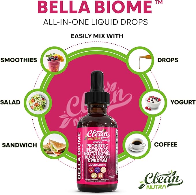Liquid Probiotics for Women Drops with Chasteberry Black Cohosh Prebiotics Digestive Enzymes Evening Primrose Oil Wild Yam Cranberry Dmannose and Iron Vitamin D3 K2 Clean Nutra Bella Biotics (2)