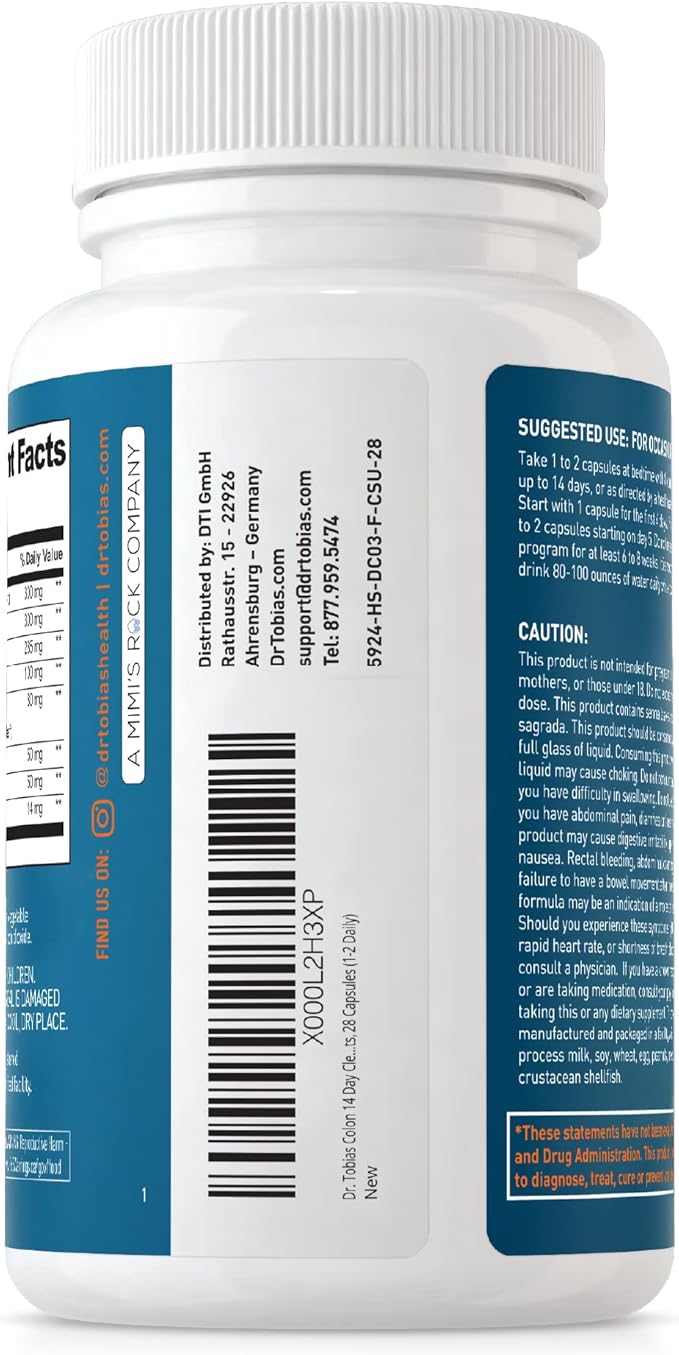 Dr. Tobias Colon Cleanse - Constipation Relief &amp Gut Health Support for Women &amp Men | 14 Day Colon Cleanser for a Gentle Colon Detox &amp Gut Flush - 4 Bottles of 28 Capsules