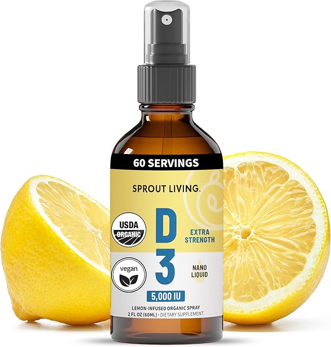 Sprout Living Organic Vitamin D3 5000 IU (Lichen) Spray for Immune Support &amp Bone Health | Trace Minerals with Real Lemon &amp Citrus Extract Sugar Free (2 FL OZ 60 Servings)