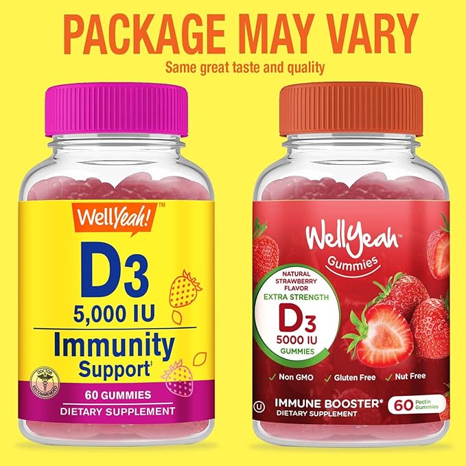 WellYeah Vitamin D3 5000 IU (125 mcg) Extra Strenght Gummies 2 Pack-for Immune Booster Teeth Support - Non GMO Gluten Free Nut Free Vegan - Strawberry Flavor - 60 Gummies