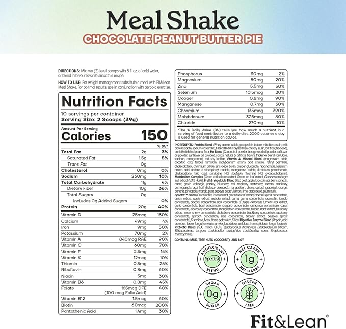 Fit &amp Lean Meal Shake Meal Replacement with Protein Fiber Probiotics and Organic Fruits &amp Vegetables Chocolate Peanut Butter Pie 1lb 10 Servings