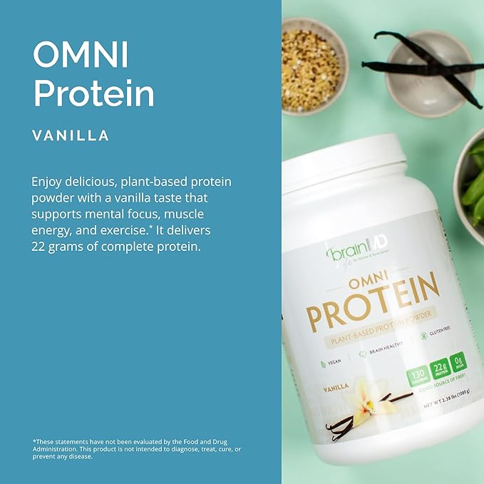 BRAINMD Dr Amen OMNI Protein Vanilla - 2.38 lbs - Plant-Based Protein Powder - Promotes Energy &amp Exercise Recovery - Vegan Vegetarian Sugar Free Gluten Free - 30 Servings