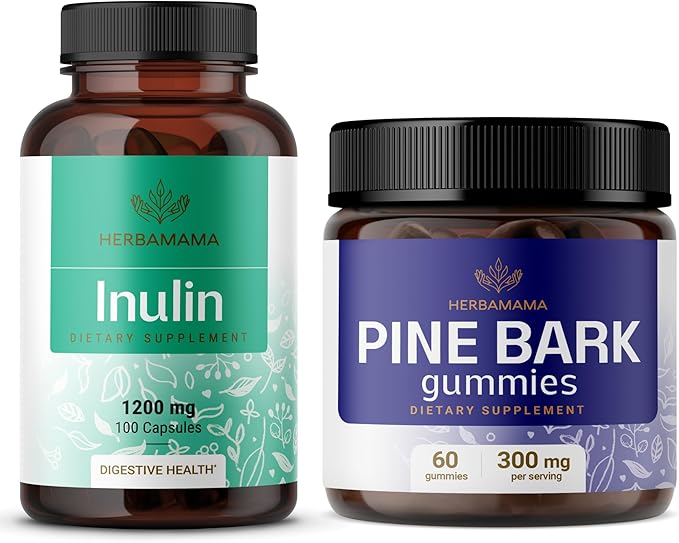 HERBAMAMA Inulin and Pine Bark Kit - Bundle of Inulin Fiber Capsules &amp Pine Bark Blueberry-Flavored Gummies - Vegan Non-GMO Gelatinl-Free - 2 Pack