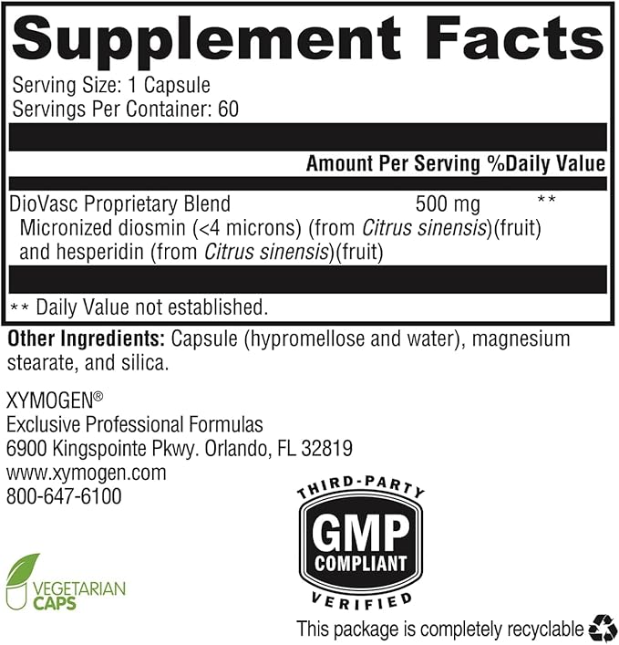 XYMOGEN DioVasc - Support for Healthy Veins Capillaries Blood Circulation - Micronized Diosmin for Enhanced Absorption - Blood Flow Supplement Helps Promote Normal Lymphatic Drainage (60 Capsules)