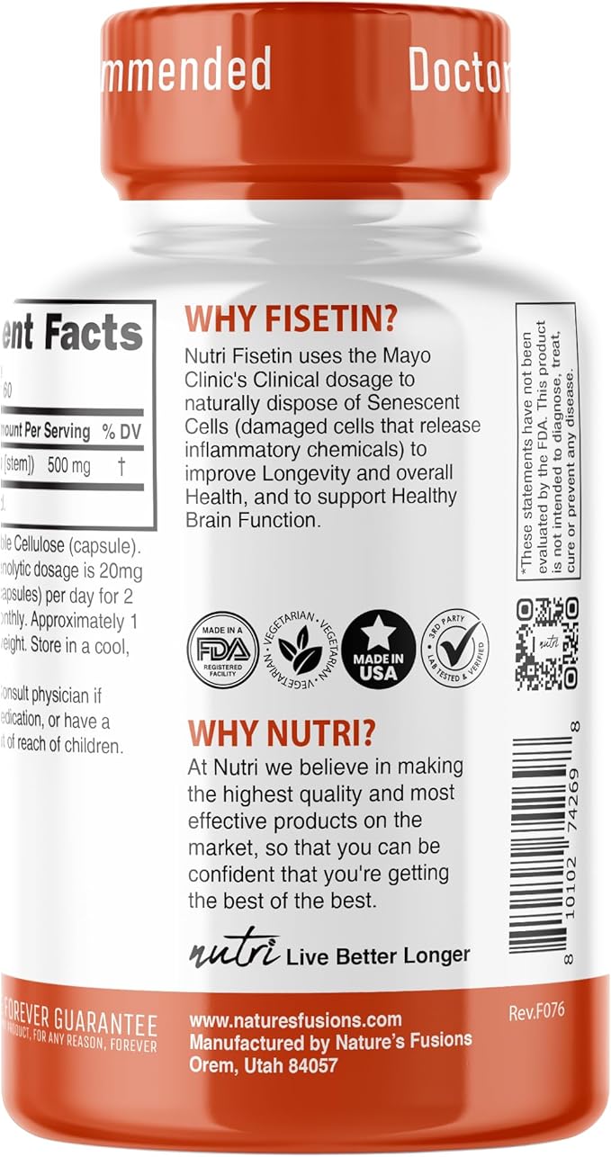 Nutri Fisetin 500mg 60 Count - Clinical Dosage - Fisetin Supplements - Powerful Senolytic Activator Antioxidant Heart &amp Brain Support - Natural Polyphenols - 60 Count - 3rd Party Tested for Puri
