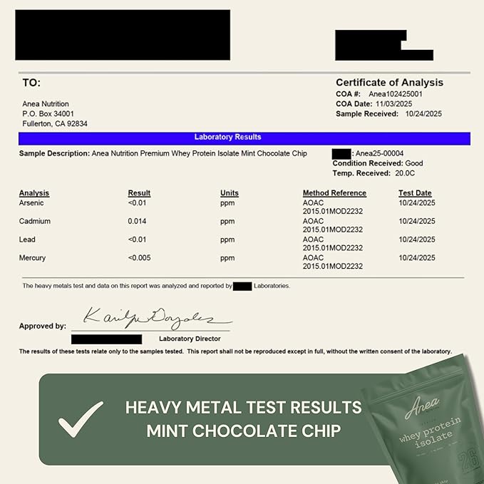 Anea Whey Protein Isolate - Mint Chocolate Chip | 26g Protein | 5.8g BCAAs | 2g Carbs| Complete Amino Acids | Gluten-Free Soy-Free | Lean Muscle &amp Recovery | Made in GMP Facility