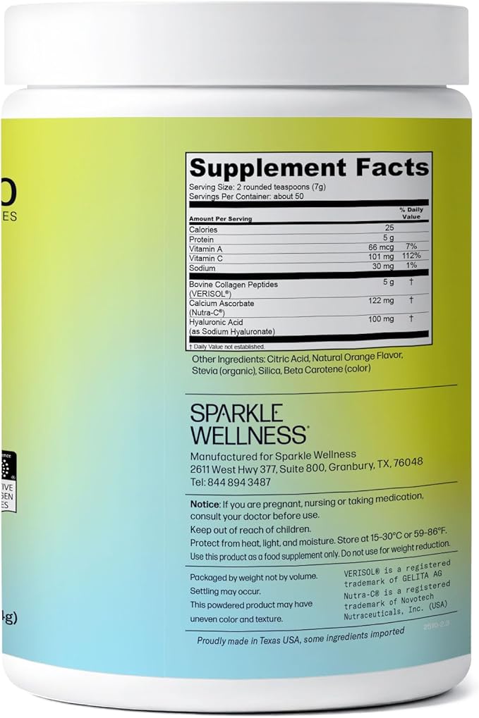 Sparkle Wellness VERISOL Bioactive Hydrolyzed Collagen Peptides | Collagen Powder Supplement with Vitamin C &amp Hyaluronic Acid for Hair Skin and Nail Health | Skin Boost Plus (Orange) [50-Serves]
