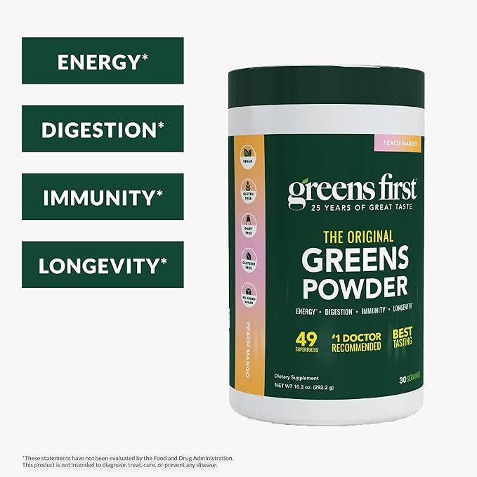 Greens First Original Greens Powder - 49 Superfoods - Organic Fruits &amp Veggies - Prebiotics Probiotics &amp Digestive Enzymes - Antioxidant Smoothie - Dairy Free/Vegan/Non-GMO (Peach Mango 30 S