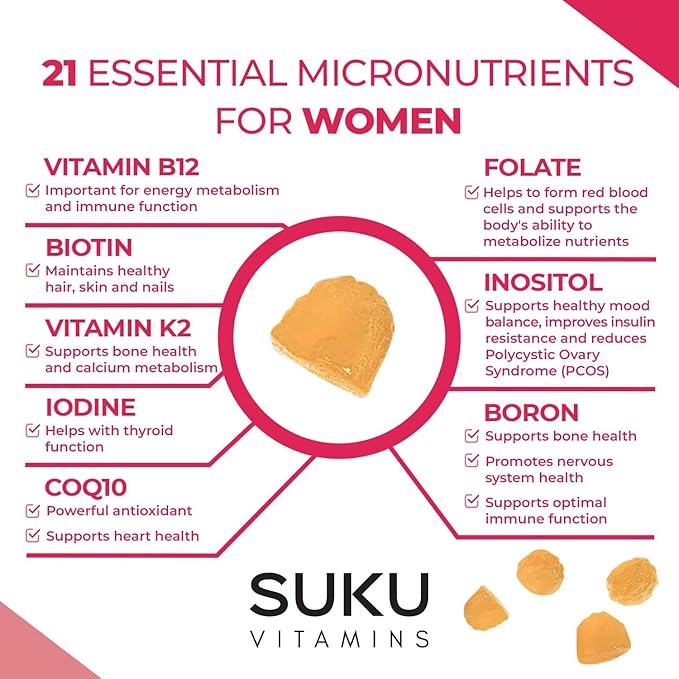 SUKU Vitamins - Complete Women's Multi - with Boron Vitamin K2 B12 A and More for Women Health - Easy to Chew - Non GMO Gluten Sugar Free - Pineapple &amp Peach Flavored Gummy Vitamins 60 Count