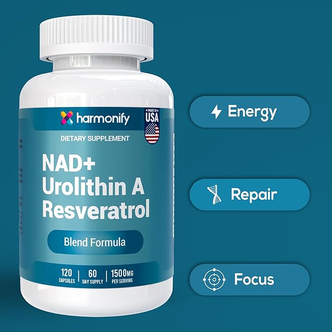 NAD+ Nicotinamide Riboside Resveratrol with Urolithin A 1500mg Advance Support Supplement 120 Capsules 60-Day Supply Proudly USA Company