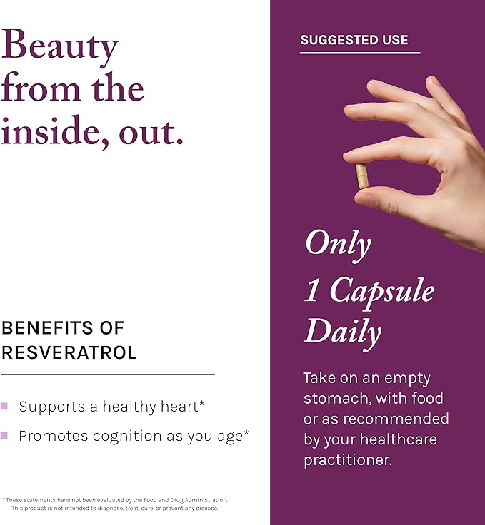 Reserveage Beauty Resveratrol 100 mg Antioxidant Supplement for Heart and Cellular Health Supports Healthy Aging and Immune System Paleo Keto 60 Capsules (60 Servings)