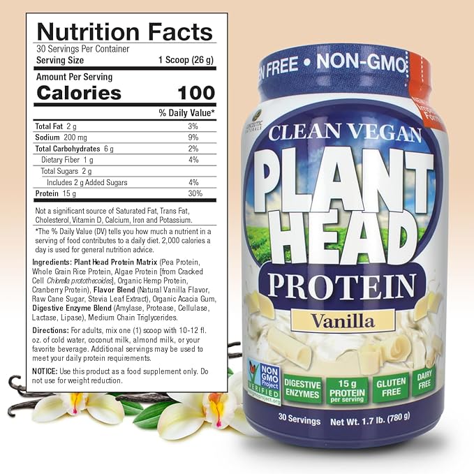 Genceutic Natural's Plant Head Real Meal Dietary Supplement | Supports a Healthy Lifestyle | Vegan Gluten-Free &amp Lactose-Free | Vanilla 1.7bs