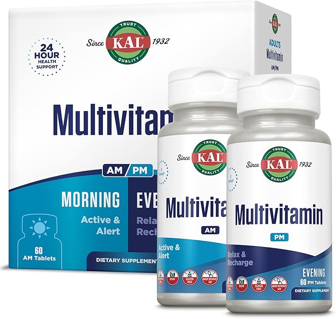 KAL Multivitamin AM/PM 2-in-1 Womens and Mens Multivitamins Supplements Turmeric Tart Cherry Organic Matcha and Spirulina for Immuneand Cellular Support Gluten Free 30 Servings 120 Tablets