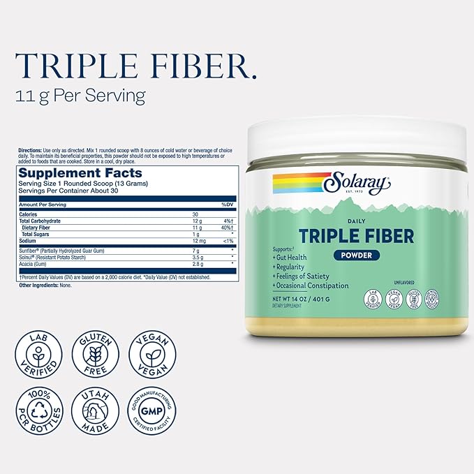 SOLARAY Triple Fiber Powder - Daily Fiber Supplement for Women and Men w/Prebiotics - Gut Health Occasional Constipation Digestive Health Support Unflavored Vegan Gluten Free 30 Servings 14oz