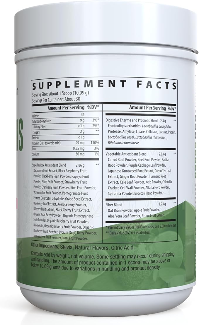 Premium Supergreens and Superfruits Powder with Digestive Enzymes and Probiotics (Strawberry &amp Kiwi). Manufactured by NutriDyn.