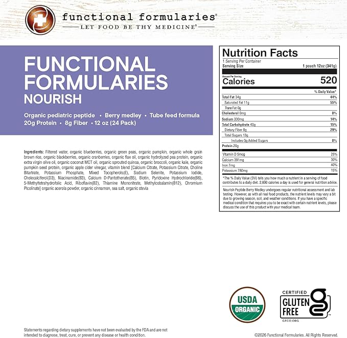 FUNCTIONAL FORMULARIES Nourish Organic Pediatric Peptide Berry Medley Tube Feed Formula 20g Protein 8g Fiber 12 Oz (24 Pack)
