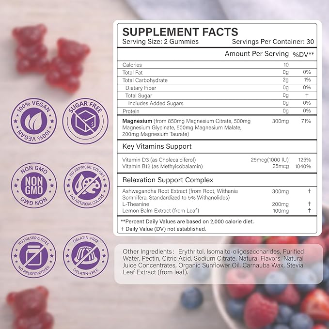 Magnesium Gummies for Stress &amp Sleep - 300mg Magnesium Complex with Glycinate Citrate Malate &amp Taurate - Supports Relaxation Muscle &amp Heart Health - Vegan Sugar-Free Non-GMO - 180 Gum