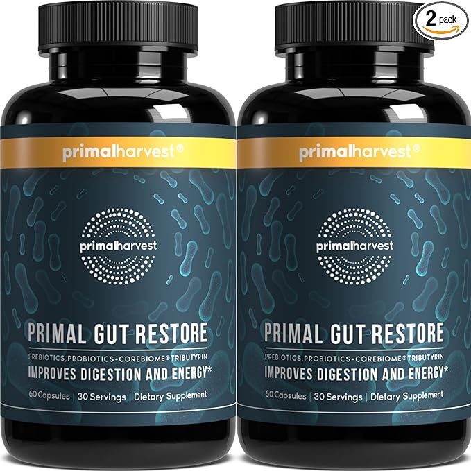 Primal Harvest 2 Pack Restore for Gut Health Primal Gut Restore w/POSTbiotics PREbiotics and PRObiotics for Women and Men 60 CT - Digestion Colon Cleanse Helps Leaky Gut Repair