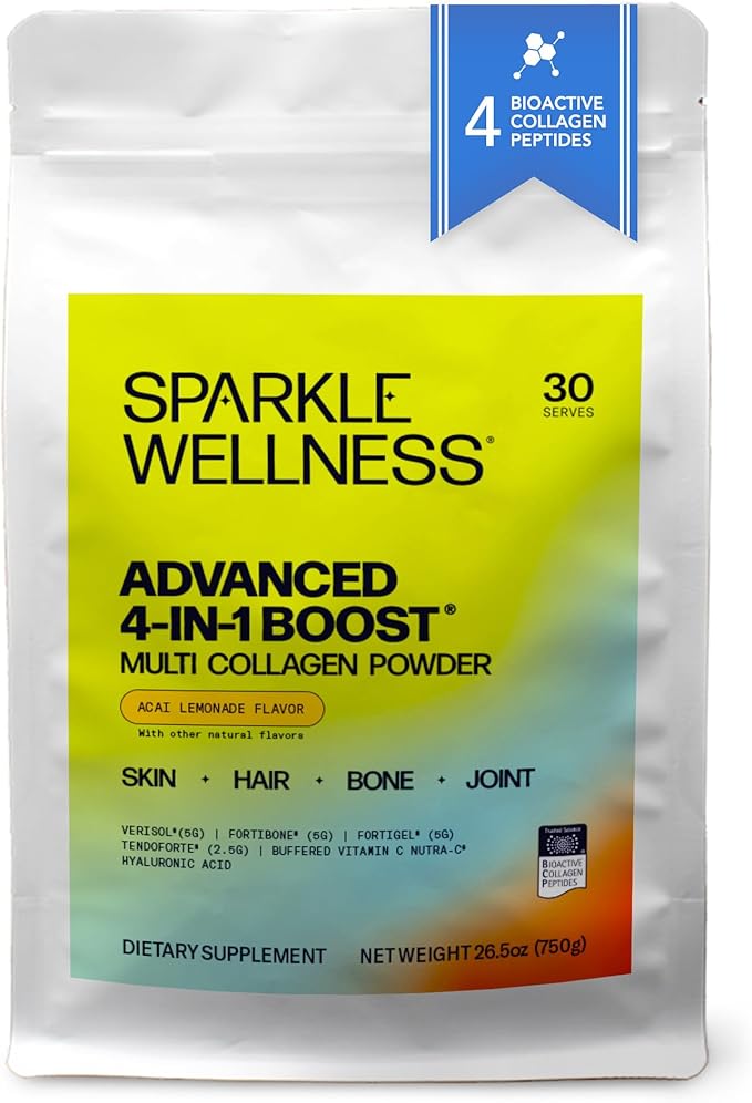 Sparkle Wellness Advanced 4 in 1 Boost | Clinically Tested Multi Collagen Powder with VERISOL FORTIBONE FORTIGEL TENDORFORTE | Acai Lemonade