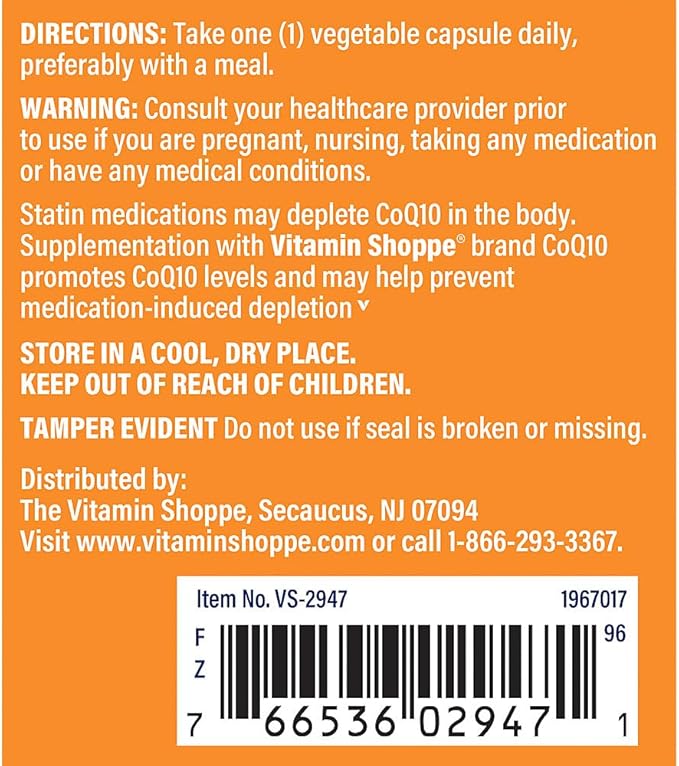 The Vitamin Shoppe CoQ-10 100mg - Beneficial for Those Taking Statins – Supports Heart &amp Cellular Health and Healthy Energy Production Essential Antioxidant – Once Daily (180 Capsules)