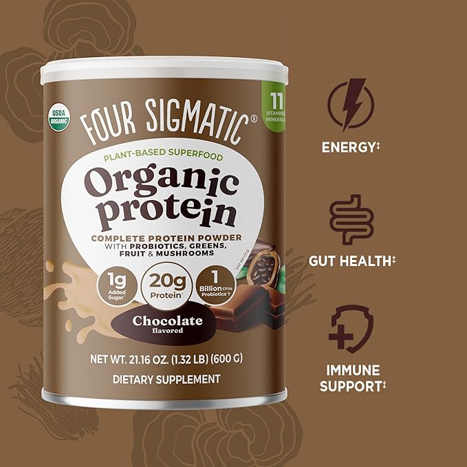 Four Sigmatic Organic Plant-Based Protein Powder | Clean Vegan Protein Elevated with Lion’s Mane Chaga Cordyceps and More for Brain Function and Immune Support | Creamy Cacao 21.16 oz
