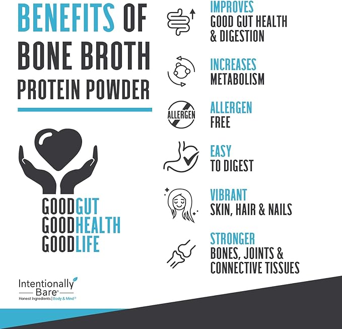 Intentionally Bare Bone Broth Protein Powder Unflavored - Grass Fed Protein Powder with Multi Collagen Peptides Type 1 2 and 3 - Dairy Free Bone Broth Powder for Skin Gut and Joint - 20 Servings