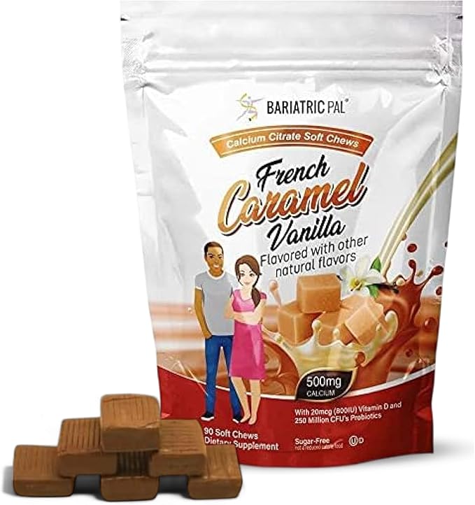 BariatricPal Sugar-Free Calcium Citrate Soft Chews | 500mg with Vitamin D &amp Probiotics | French Caramel Vanilla | 90 Count (1 Month Supply)