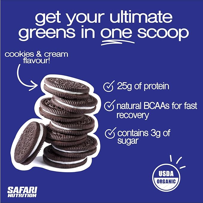 Safari Nu 100% Whey Premium Protein Powder Cookies and Cream - 2 LB Tub 25G of Protein - Concentrate &amp Isolate Whey Protein Blend - 12g BCAAs