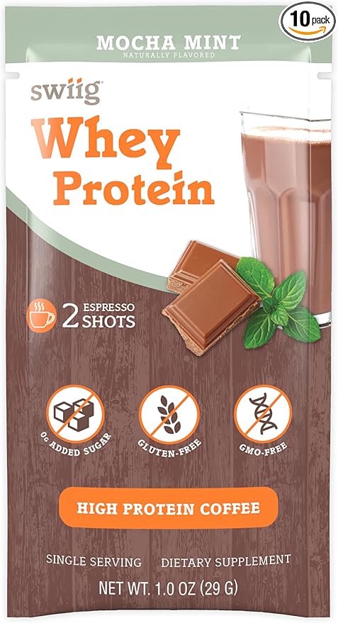 swiig Single Serve Whey Coffee Mocha Mint 10pk – Premium Daily Whey Protein 20g Gluten Free GMO Free No Fillers No Artificial Flavors